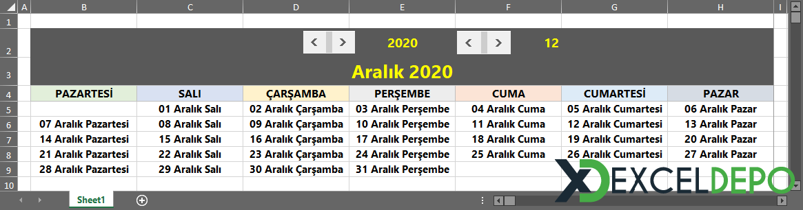 Excel Hazır Takvim Excel Depo