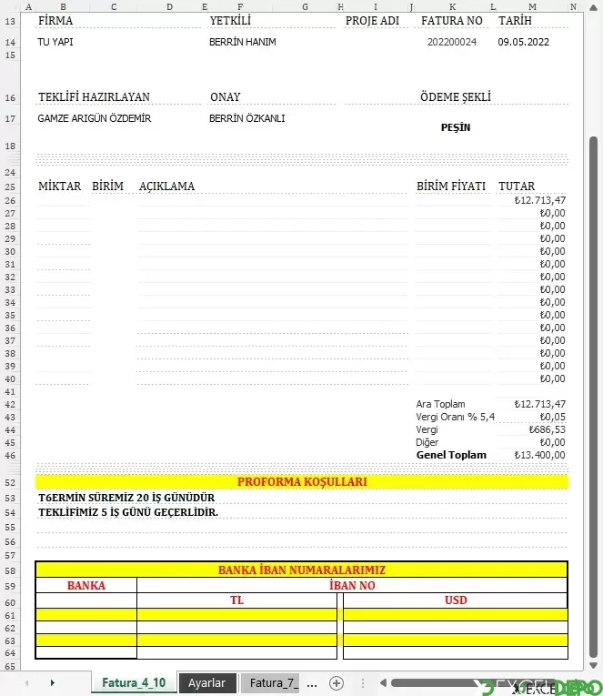 Tevkifatli Proforma Fatura Şablonu