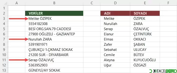 Karışık Biçimdeki Verilerden İsimleri Alma