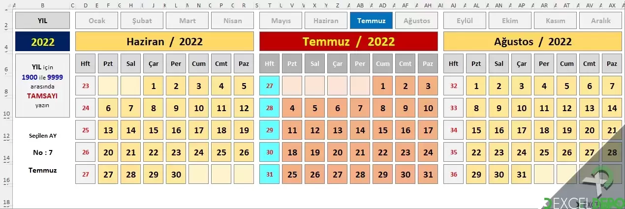 Önceki Sonraki Ay Seçenekli Dinamik Takvim Hazırlama