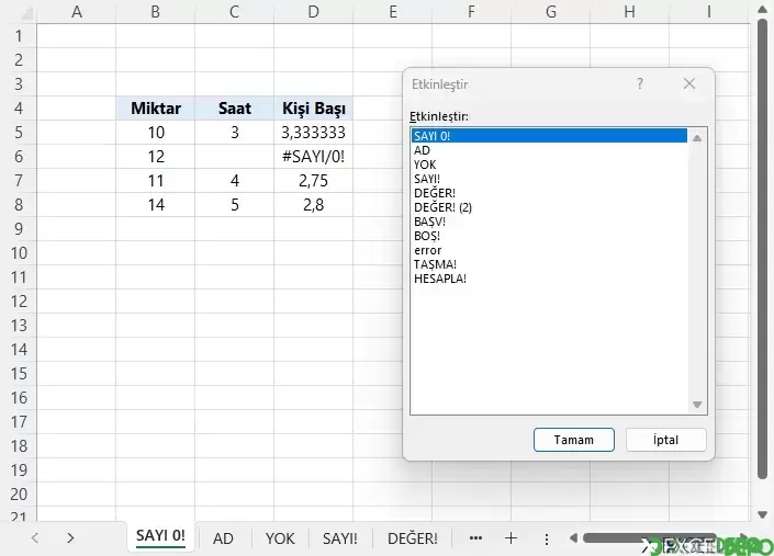 Dosya 'Excel Formül Hataları Örnekleri'