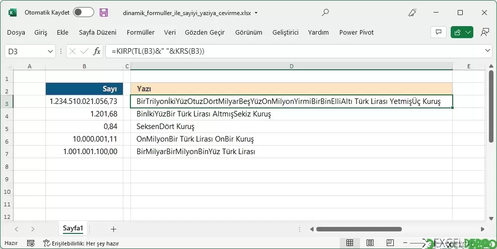 Dinamik Formüller ile Sayıyı Yazıya Çevirme