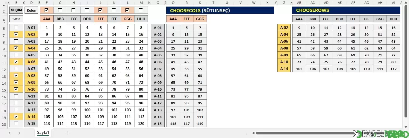 CHOOSECOLS ve CHOOSEROWS Kullanımına Örnekler