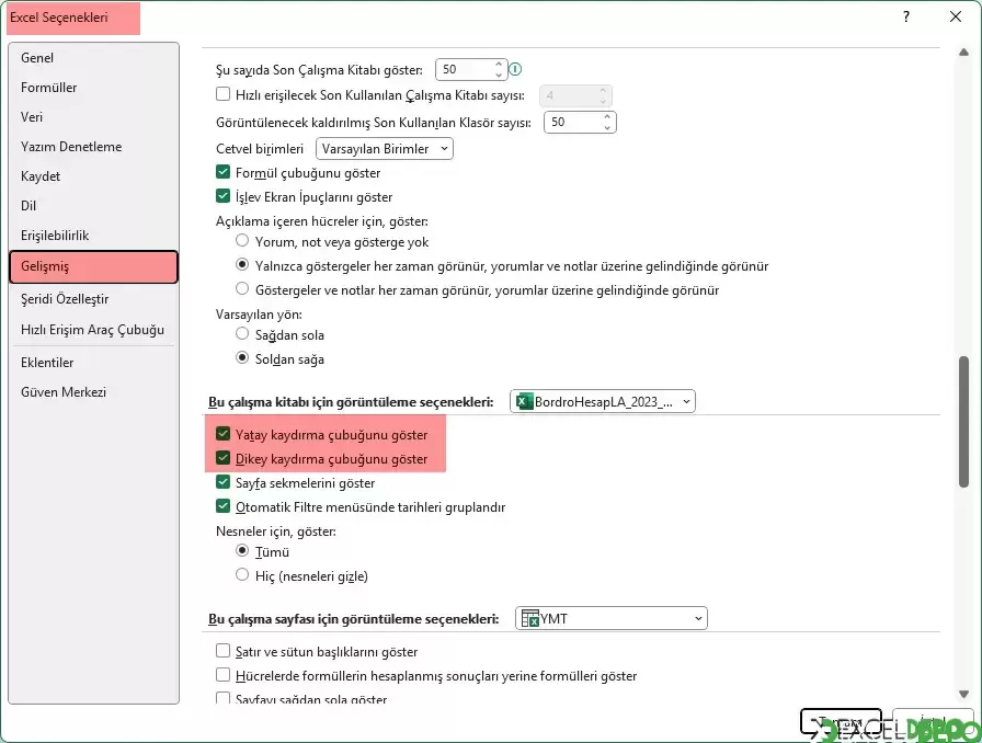 excel kaydırma çubuğu kayboldu