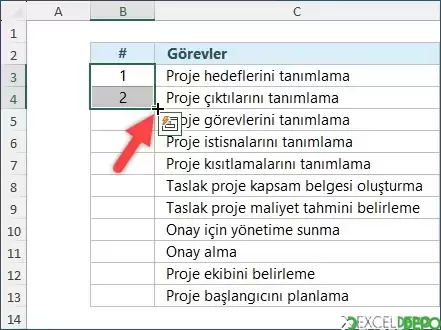 sağ alt köşesine fareyi taşımak