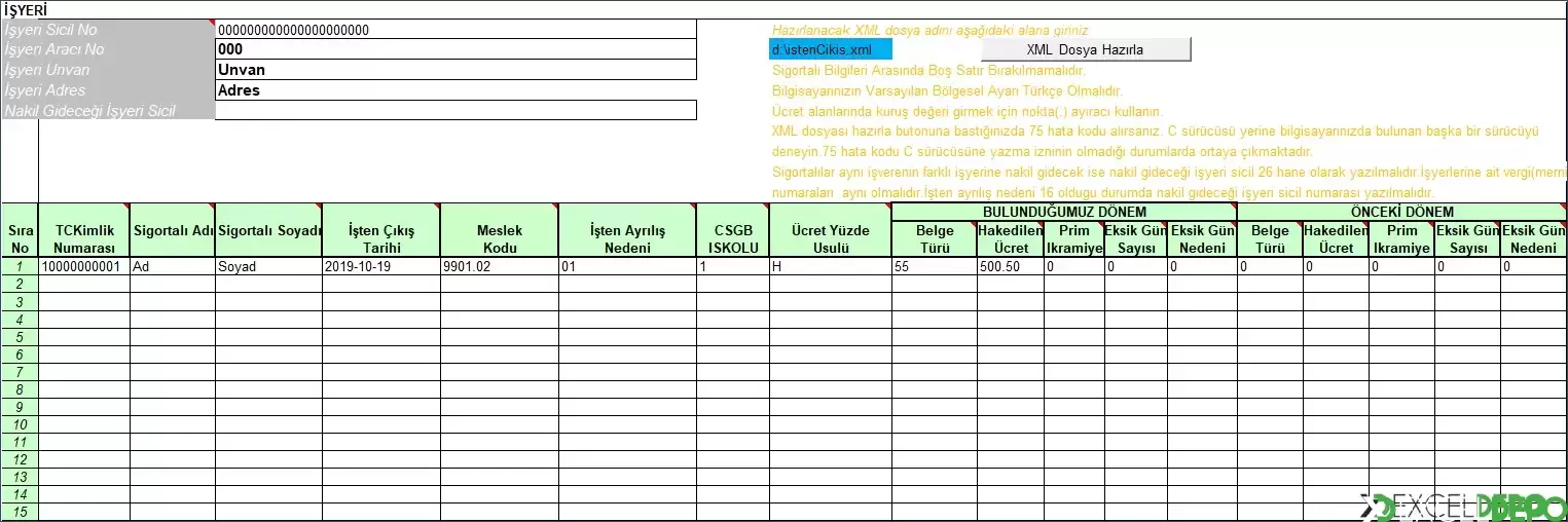 Toplu İşten Çıkış Excel Dosyası