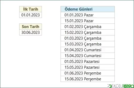 İki Tarih Arasındaki Ödeme Günlerini Listeleme