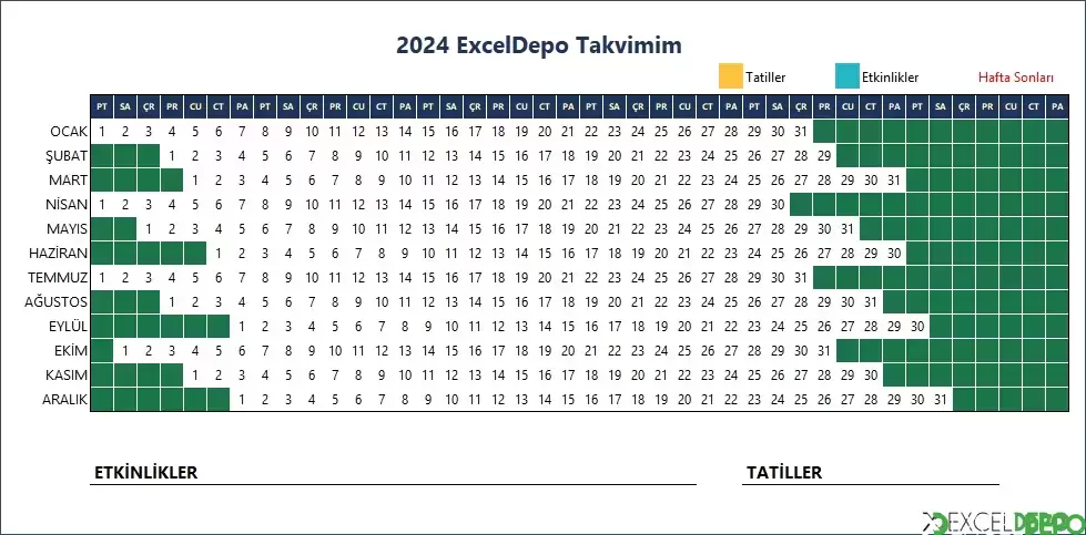 Tek Sayfalık 2024 Excel Takvimi