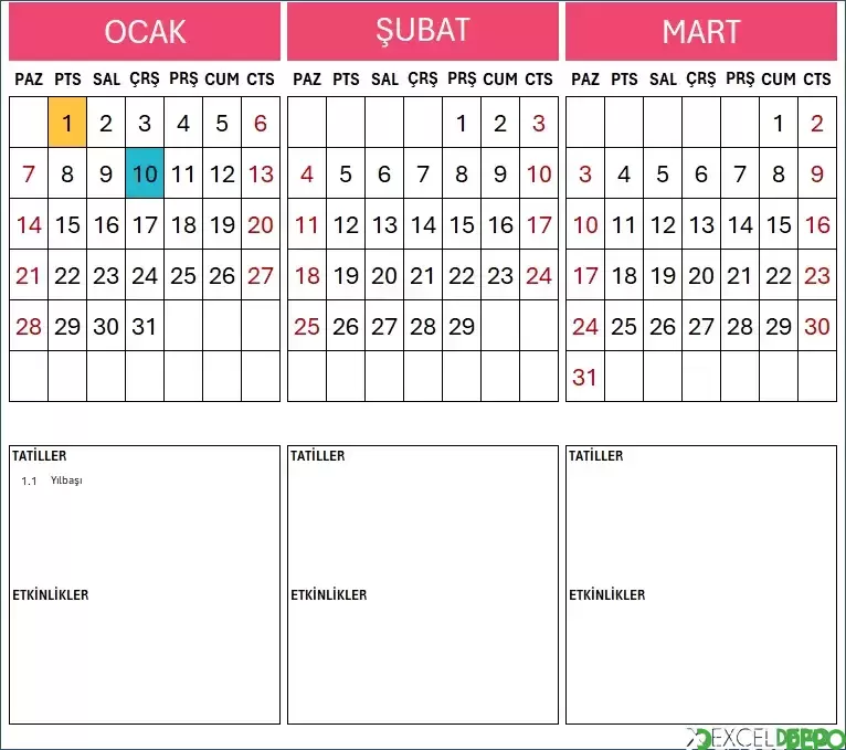 3 Sütunlu Kapaklı 2024 Excel Masa Takvimi