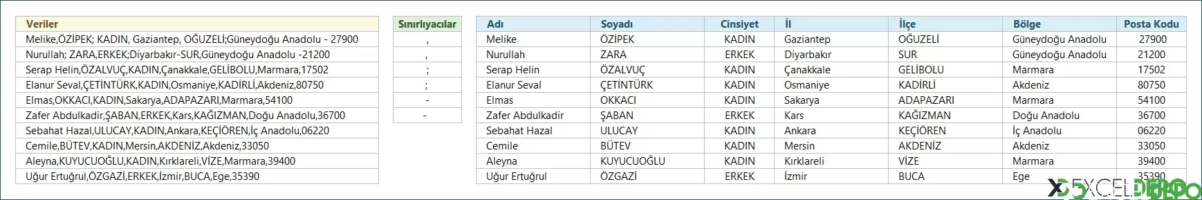 Çoklu Sınırlayıcı ile Metni Sütunlara Ayırma