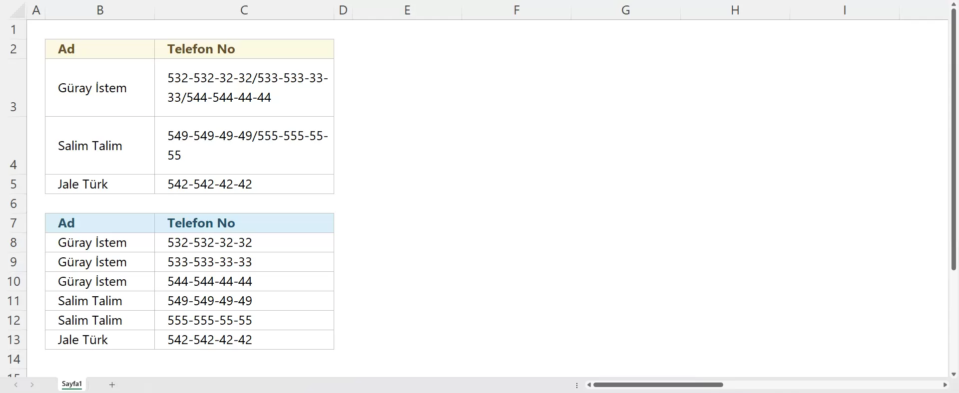Telefon Numaralarını Farklı Satırlarda Yazdırma