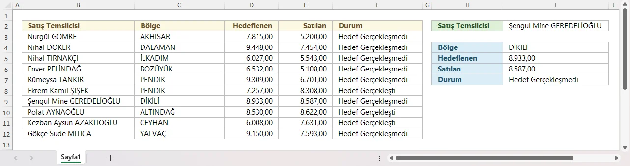 DÜŞEYARA Tablo Dizisi Değişken Yapma