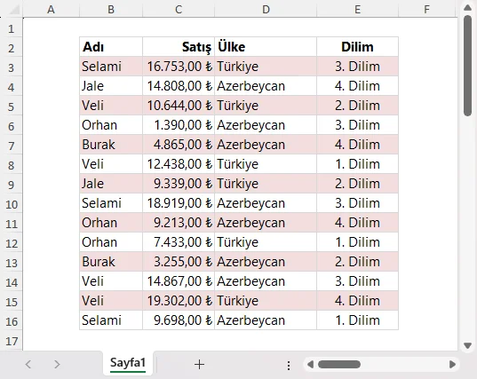 Koşullu Biçimlendirme ile Satır Renklendirme