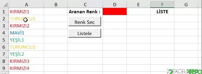 Verileri Yazı Rengine Göre Listeleme