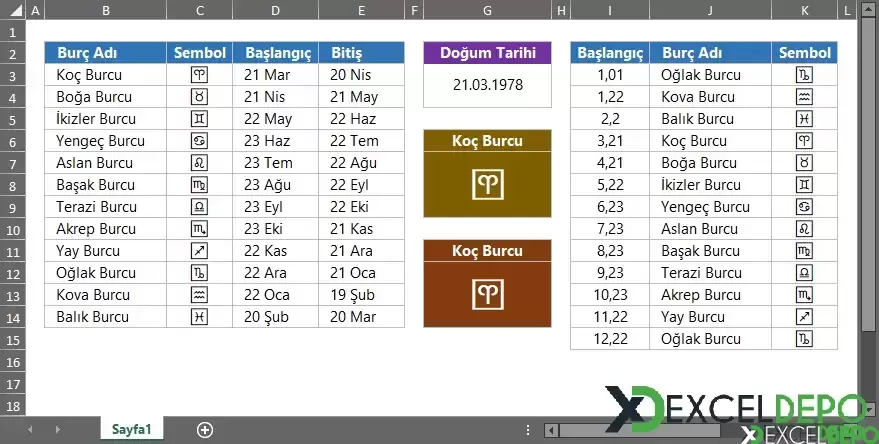 Excel Formülleri ile Burç Bulma