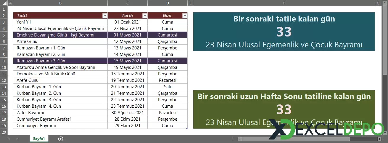 Excel ile 2021 Tatil Günleri Takibi-1.webp