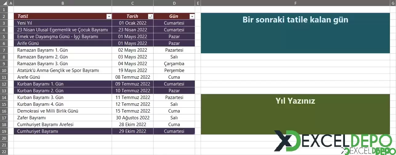 Excel ile 2022 Tatil Günleri Takibi-1.webp