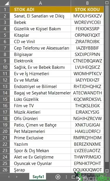 Excel Ürün Kodu Oluşturma