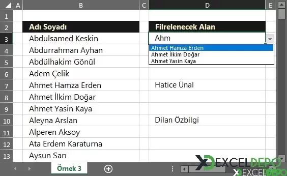 Hücredeki Açılan Listede Filtreleme Yapma