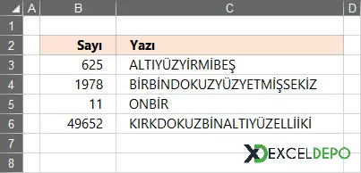 Dosya 'Makro Kullanmadan Sayıyı Yazıya Çevirme'