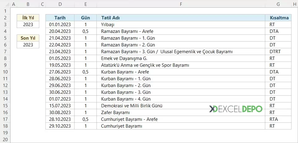 Dinamik Tatil Günleri Listesi Oluşturma