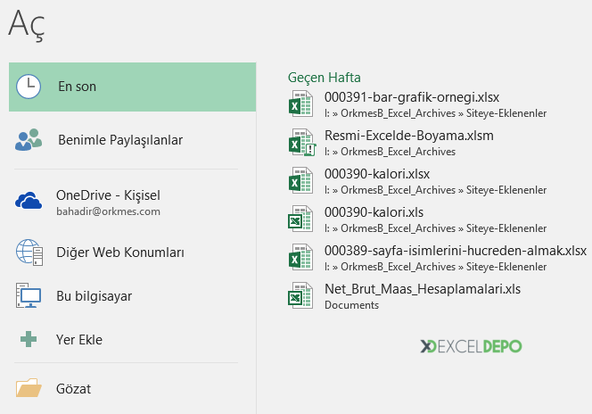 Excel Hızlı Menü Açma