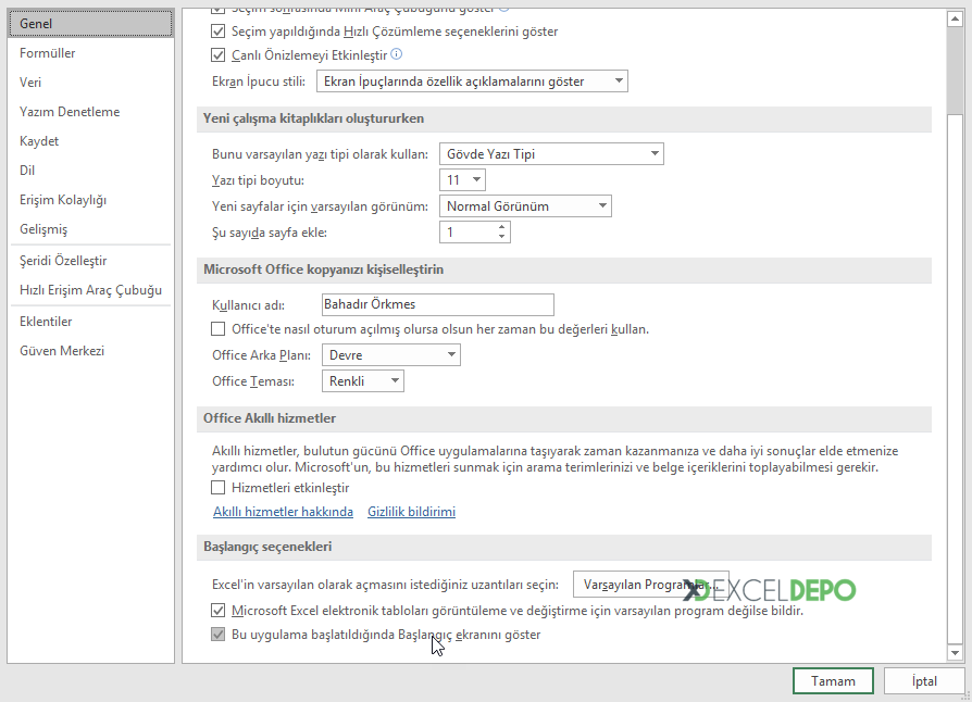 Çalışma Kitabı - Excel Seçenekleri